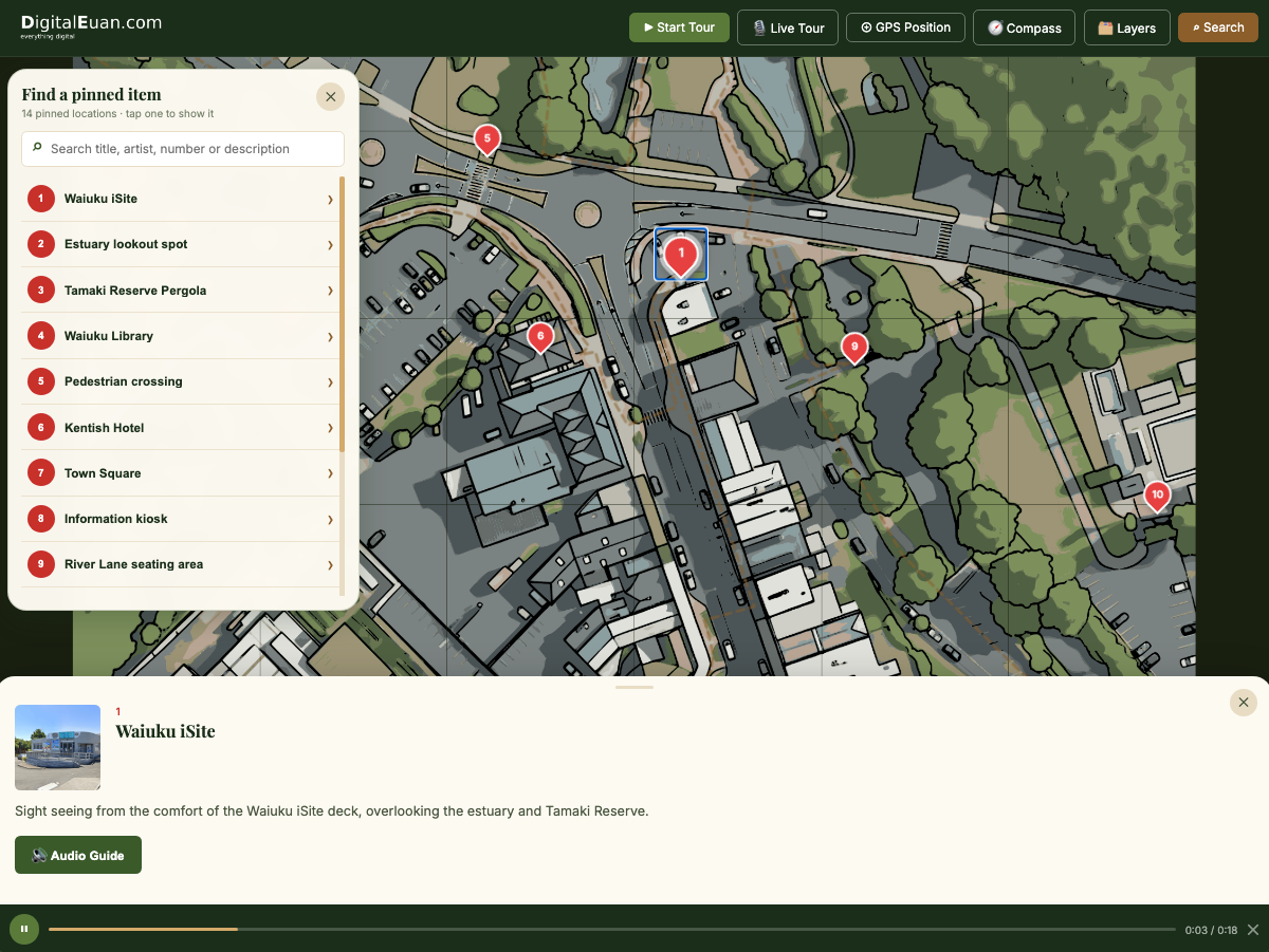 Screenshot of the Guided Trail App running as a town heritage and sculpture trail